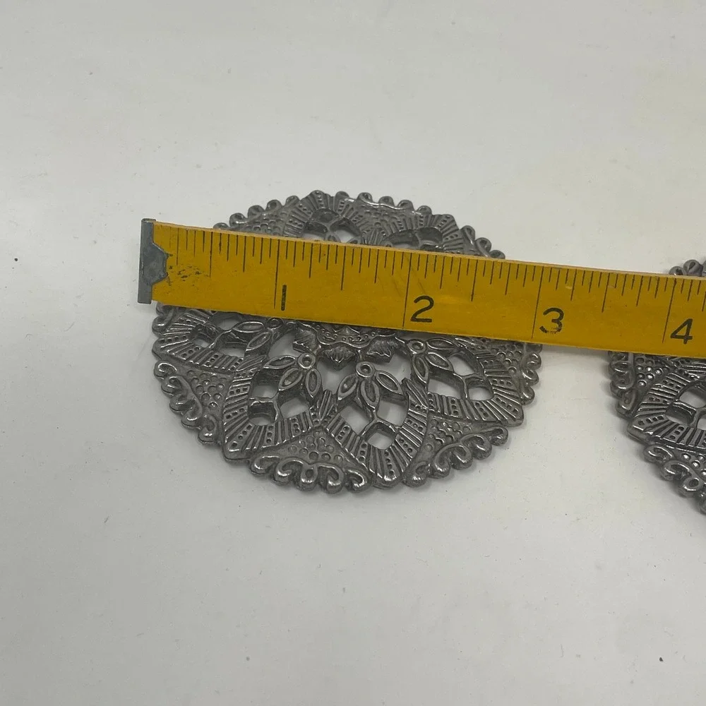 Vintage Silver Metal Filigree Mandala Coasters Set of 2 Ornate Boho Trivets 3in